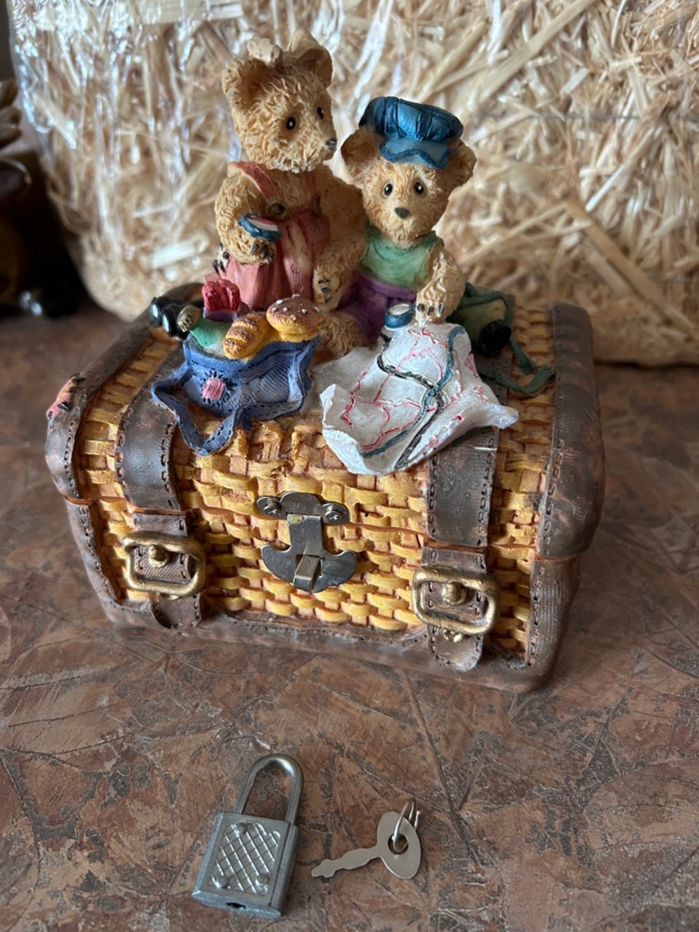 Teddy Bear Couple On A Picnic Basket With Lock and Key Resin Coin Bank